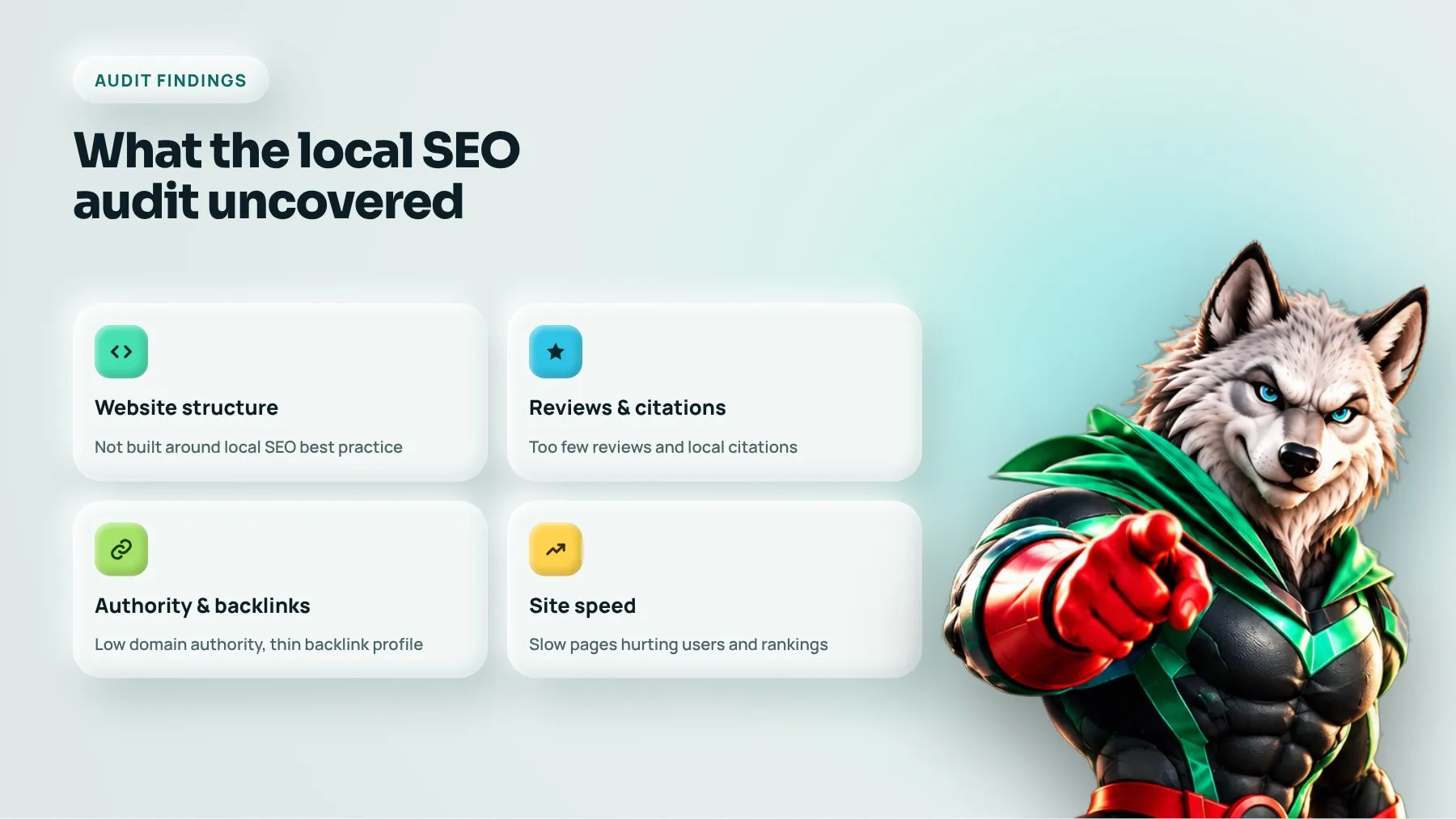 Audit findings: website structure, reviews and citations, authority and backlinks, site speed