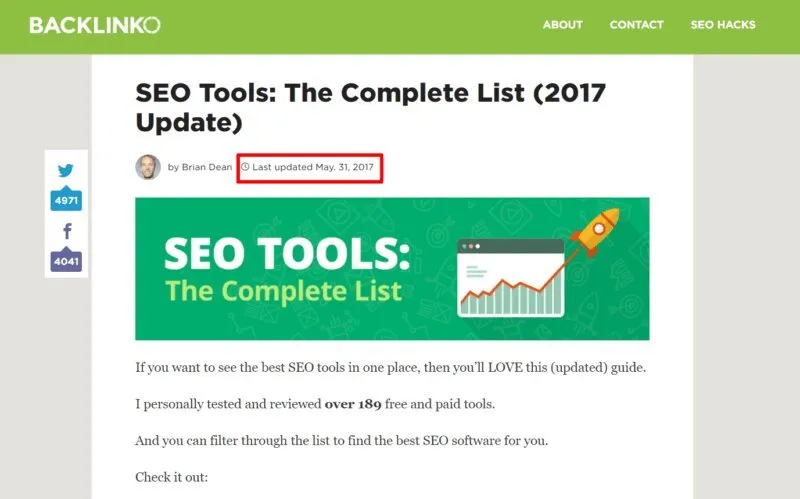 Backlinko article showing a last updated date to signal fresh content