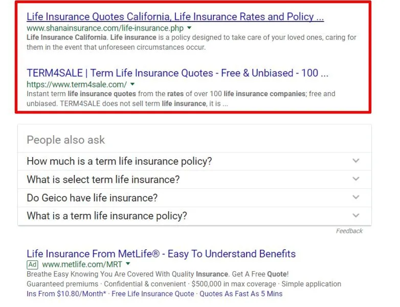 Another insurance search results page with a weak result highlighted