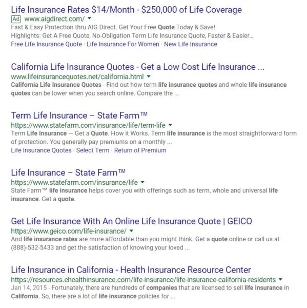 Google search results page for an insurance query with weak ranking pages