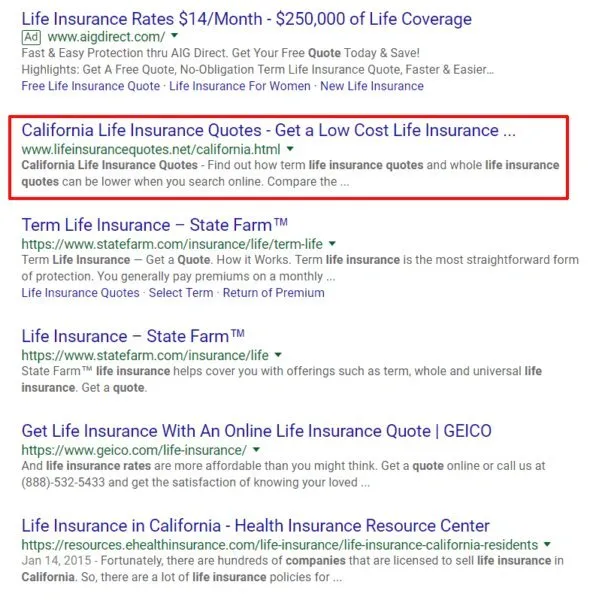 Insurance search results with a low-quality exact-match domain highlighted