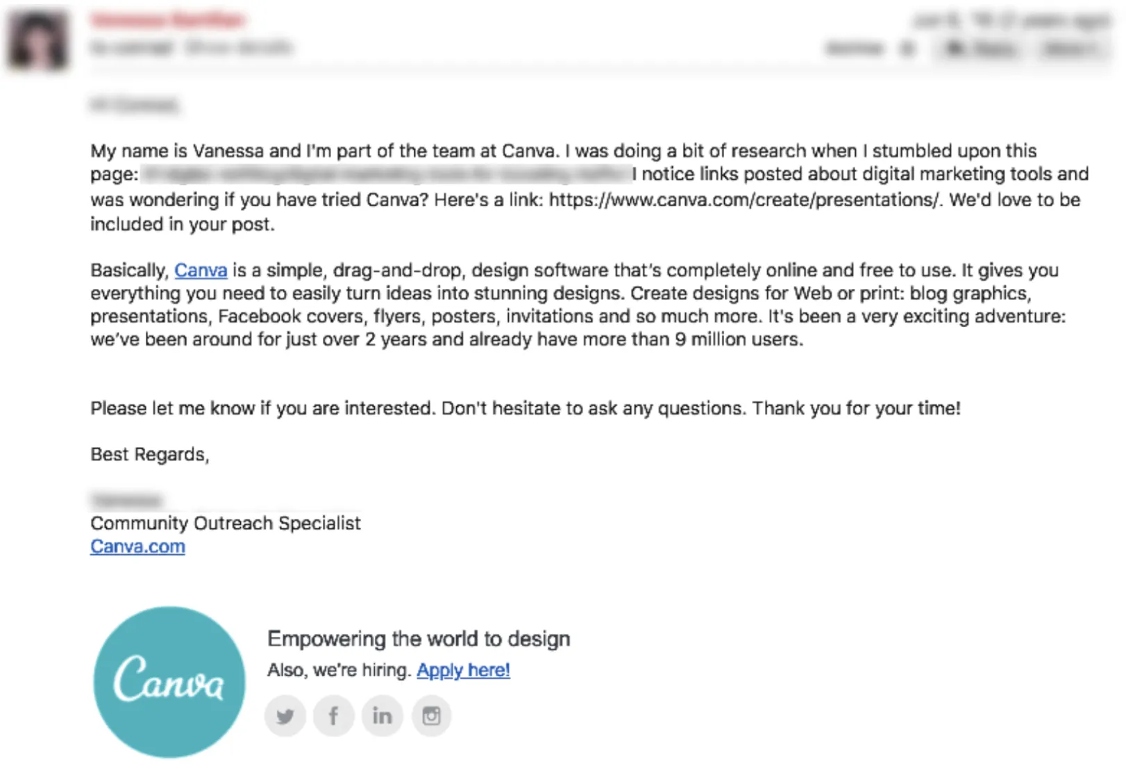 Canva link outreach email sent to a blog owner in 2016