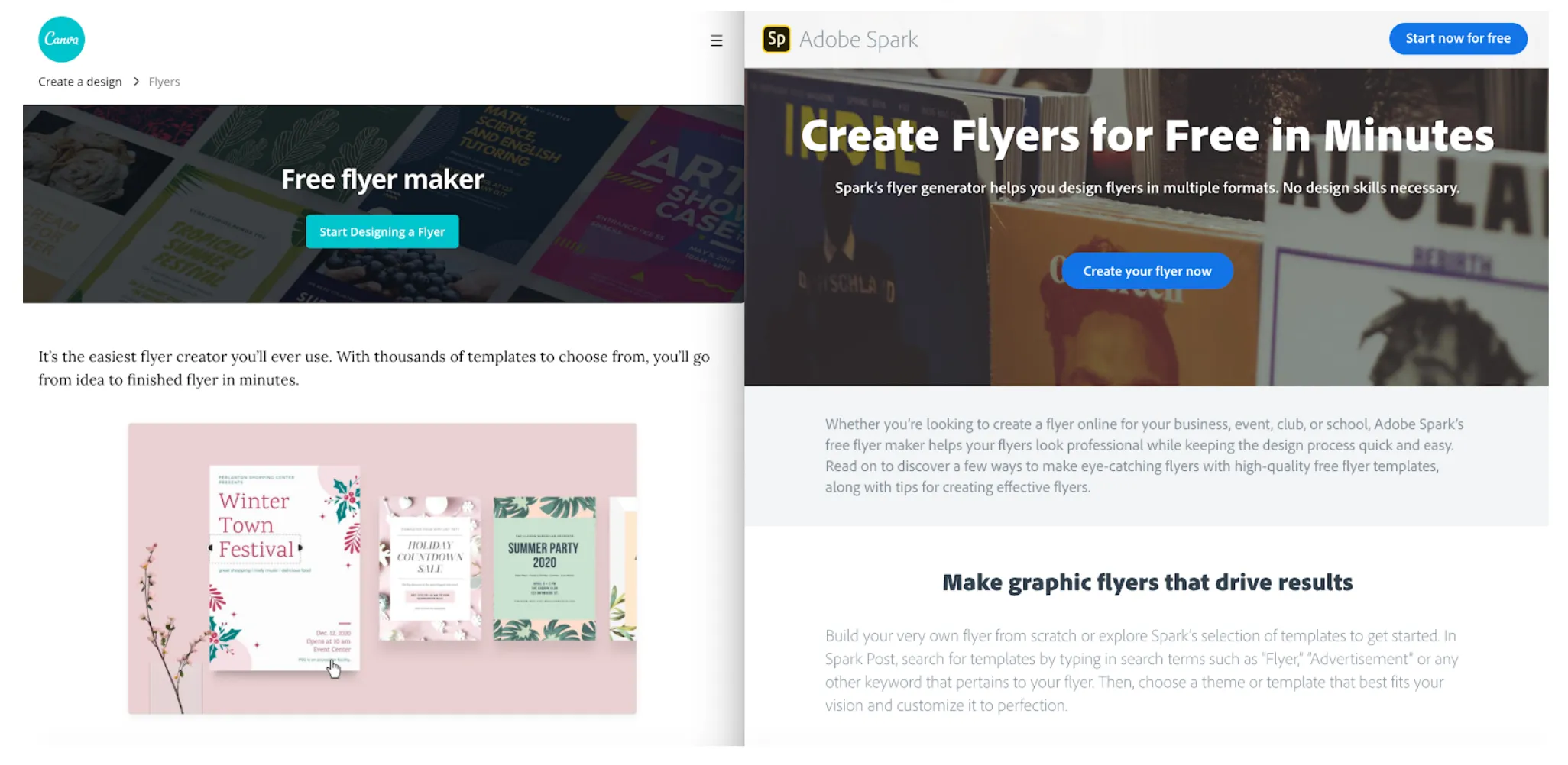 Canva landing page compared with a similar Adobe Spark landing page