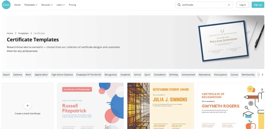 Canva certificate templates landing page targeting template keywords