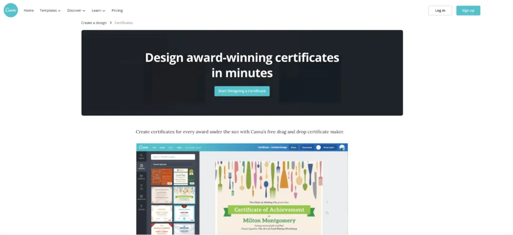 Canva certificate maker landing page targeting create certificate keywords