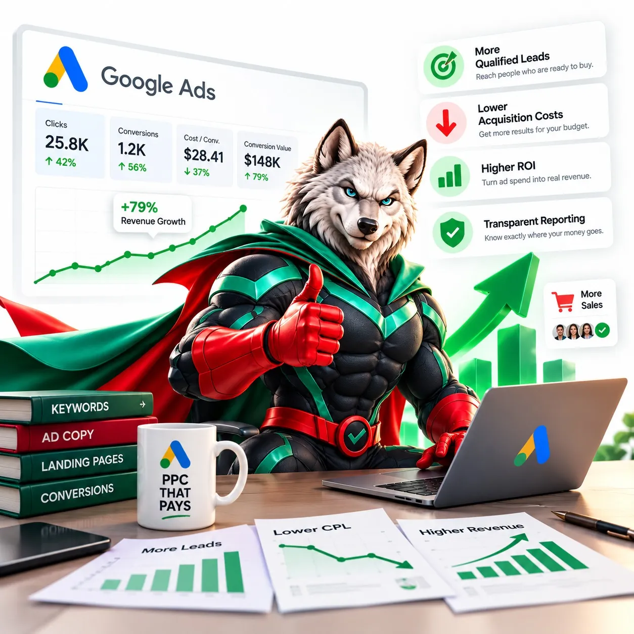 Digiwolves mascot at a desk reviewing a live Google Ads growth dashboard