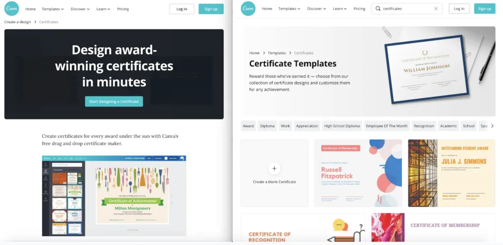 Canva certificate maker page beside its certificate templates landing page