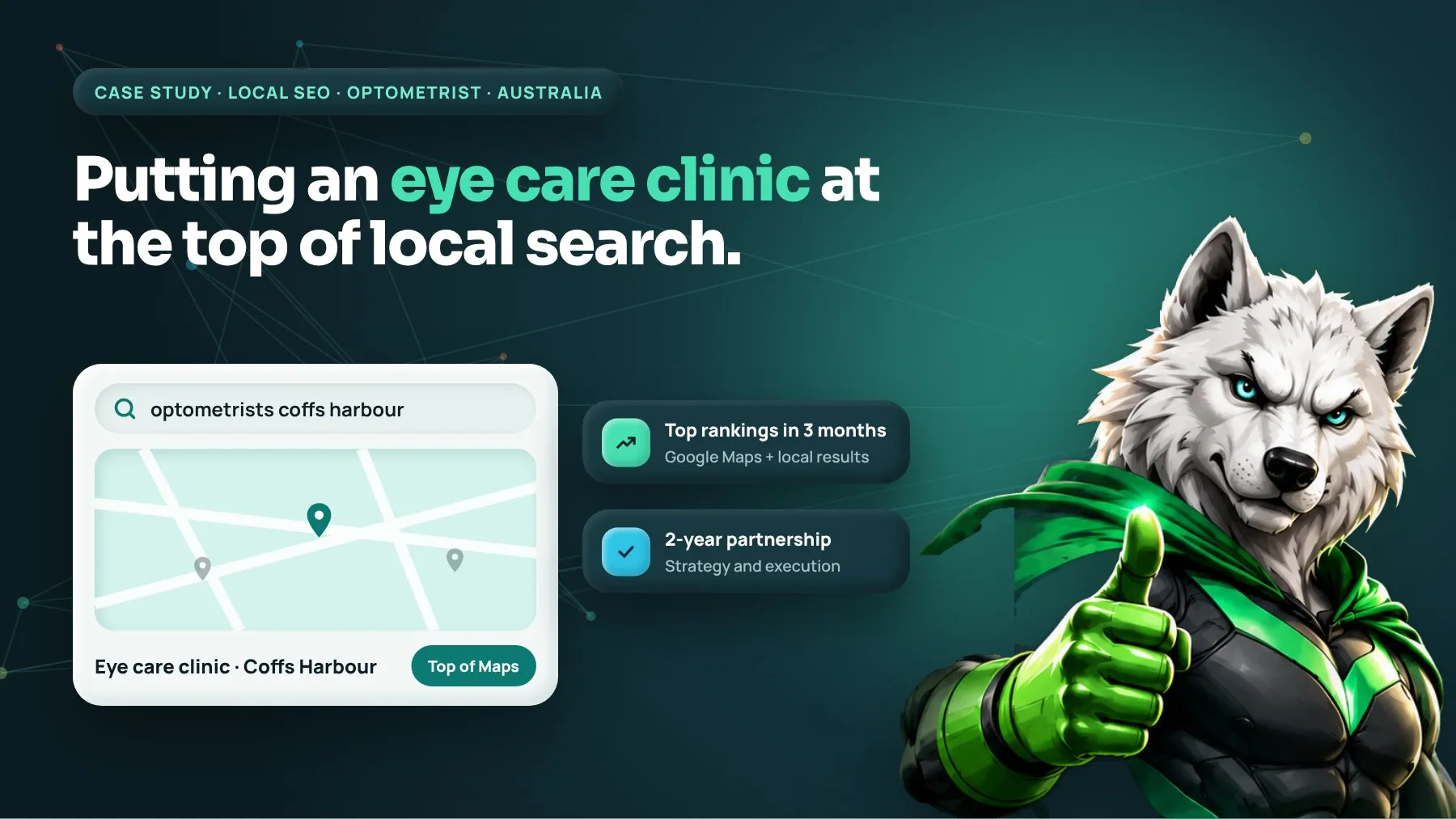 Wolf mascot giving a thumbs up beside a Google Maps result for optometrists in Coffs Harbour, Australia