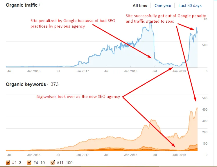 Traffic chart for the Spanish manufacturer’s website showing an early rise followed by a sharp drop to almost zero after the Google penalty