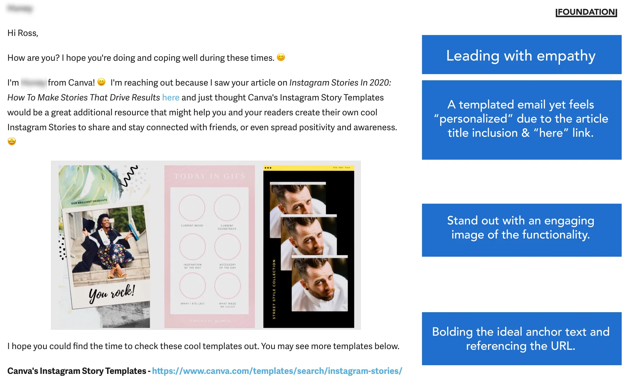 Annotated teardown of a Canva outreach email from 2020