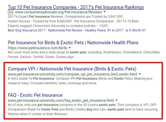 Exotic pet insurance search results with weak exact-match domains ranking