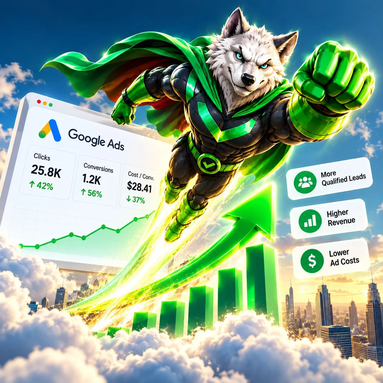 Digiwolves mascot flying upward past a rising growth chart