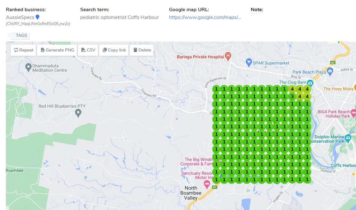 Local rank grid for “pediatric optometrist Coffs Harbour” showing the clinic ranked #1 across most of the area
