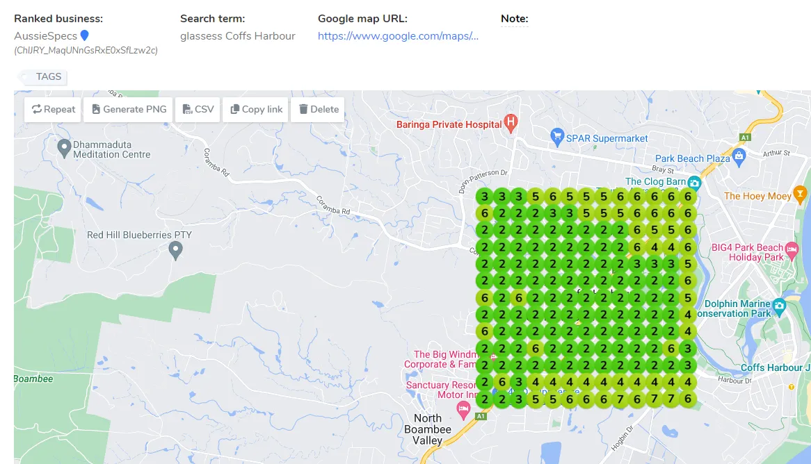 Local rank grid for “glasses Coffs Harbour” showing the clinic mostly in position 2