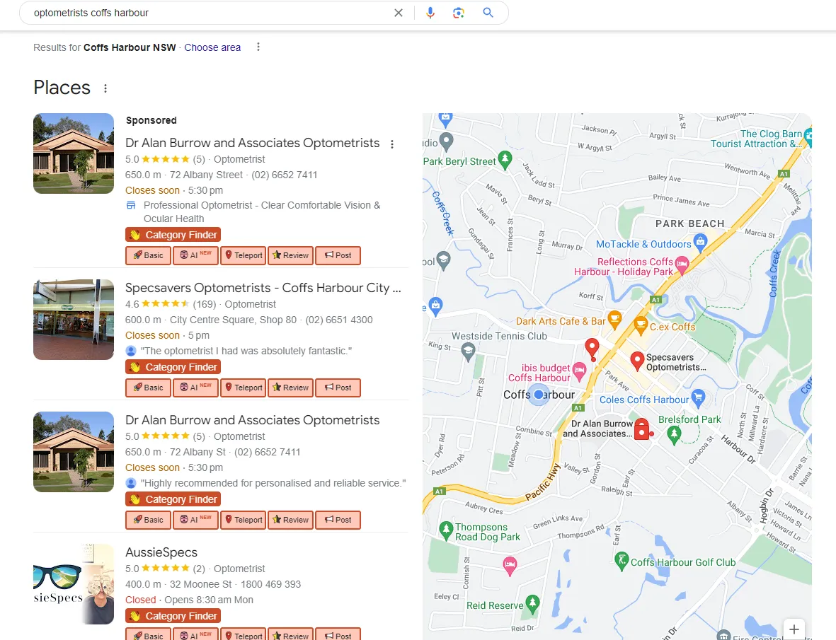 Google Maps results for “optometrists Coffs Harbour” listing the clinic among the top places