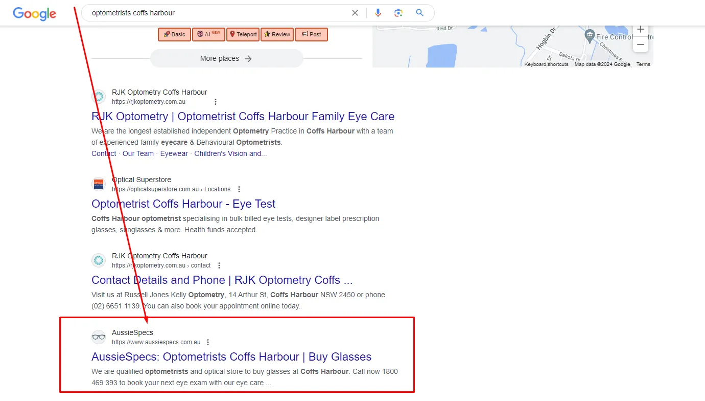 Google search results for “optometrists Coffs Harbour” with the clinic in the organic listings
