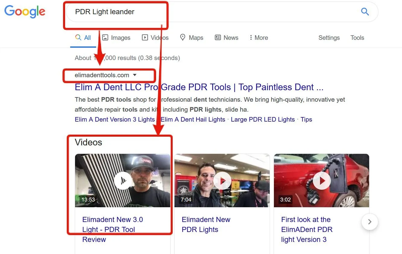 Google search for “PDR light leander” showing elimadenttools.com as the top result and Elim A Dent videos