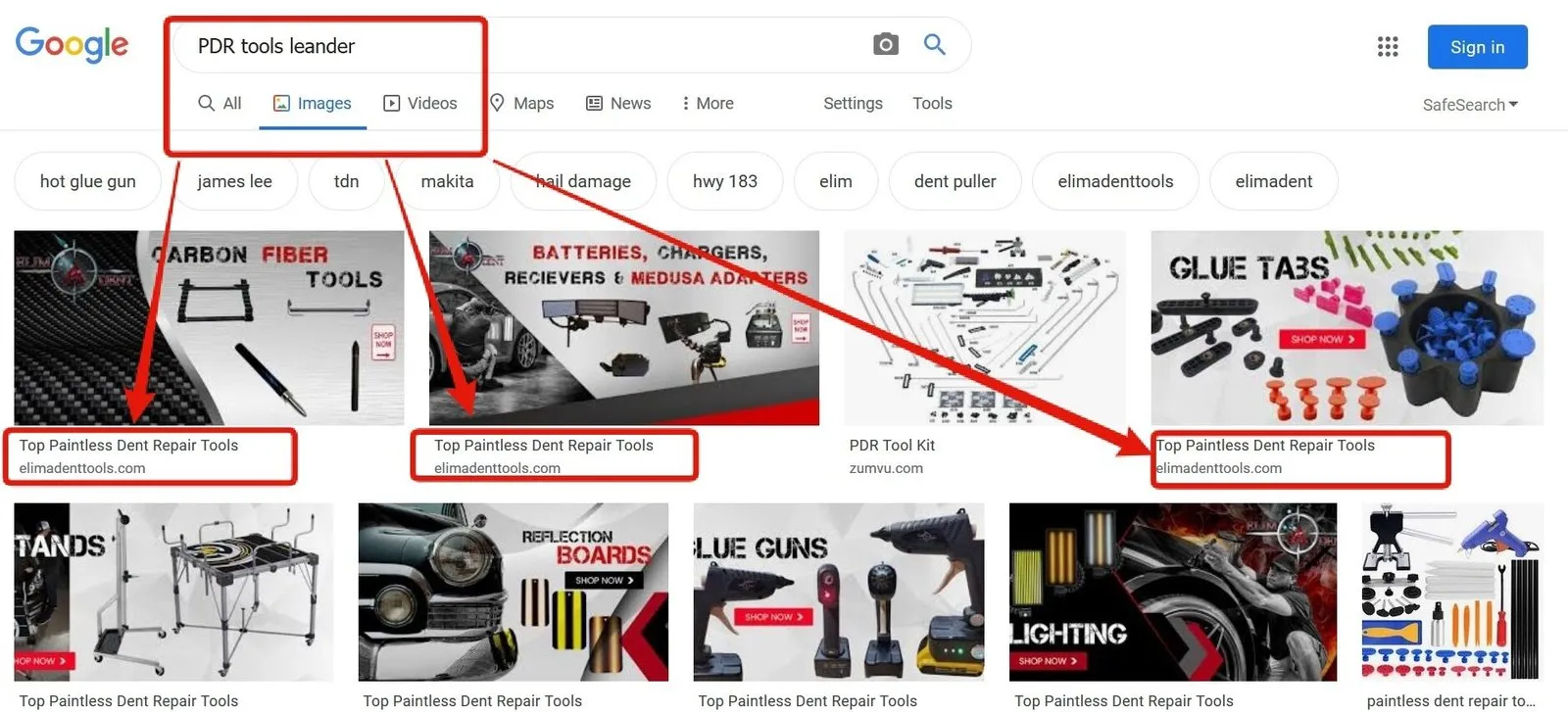 Google Images results for “PDR tools leander” showing Elim A Dent product images