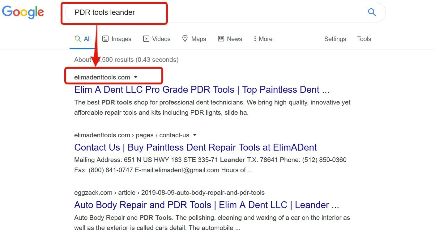 Google search for “PDR tools leander” with elimadenttools.com ranking first