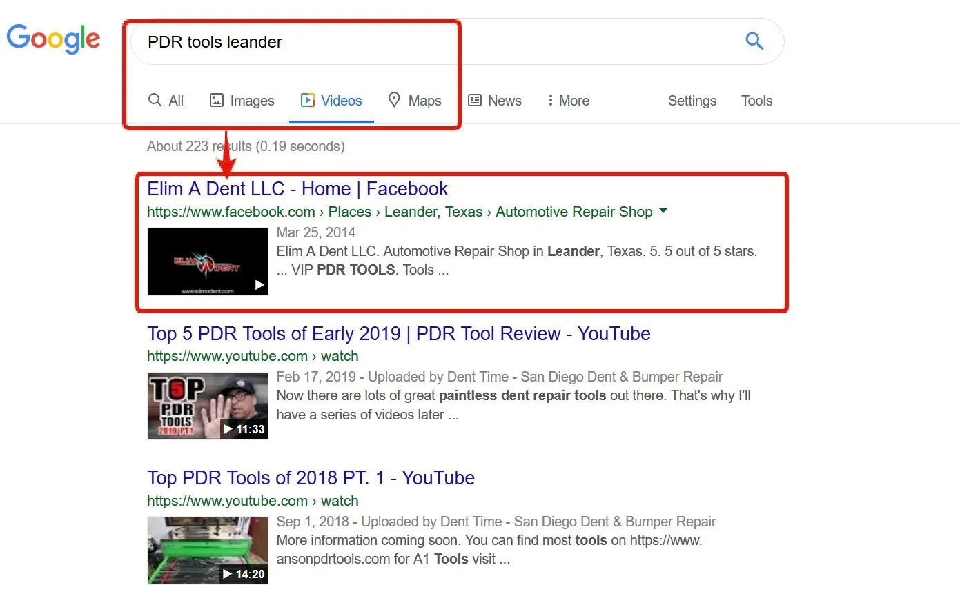 Google search for “PDR tools leander” showing the Elim A Dent Facebook page as the top result