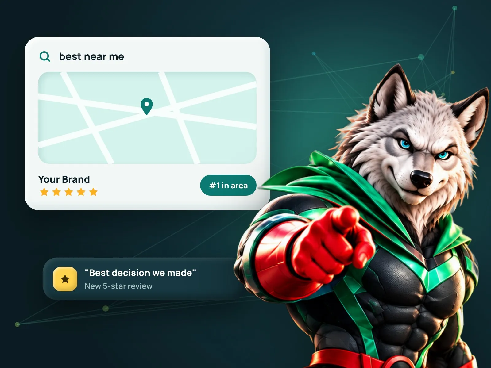 Wolf mascot pointing beside a local search map listing with five-star reviews