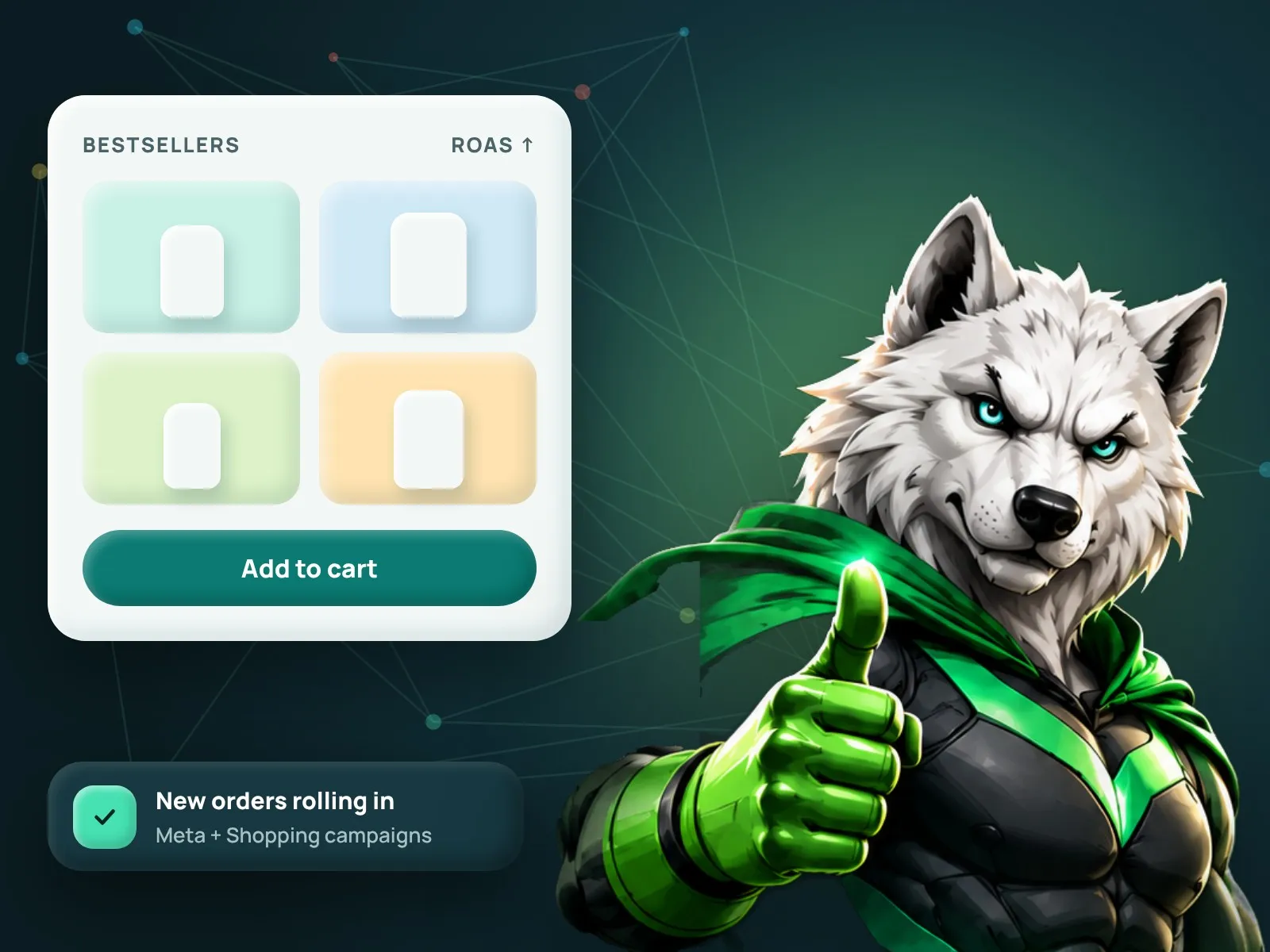 Wolf mascot giving a thumbs up beside a bestseller product grid with an add-to-cart button