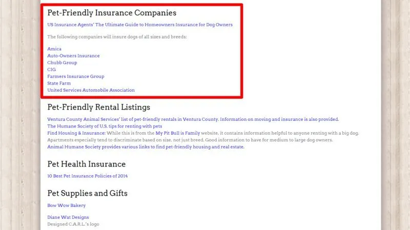 Example of a hyper-relevant links page for a pet insurance company
