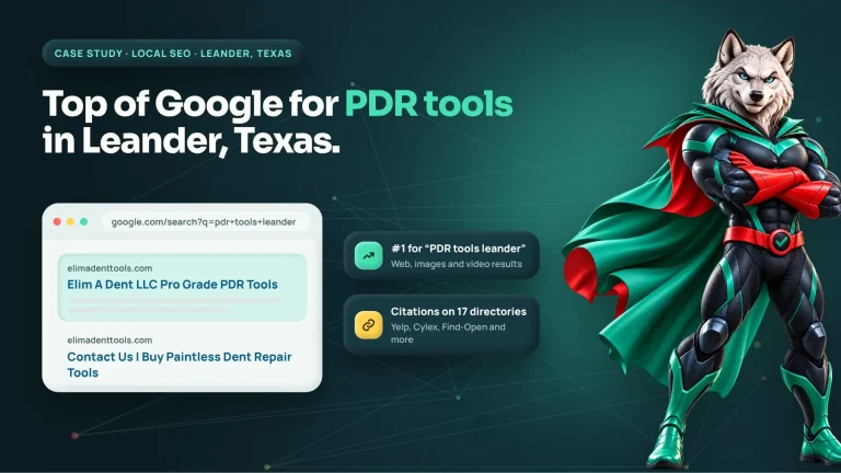 Wolf mascot beside a Google result showing Elim A Dent ranking first for "PDR tools leander" in Leander, Texas