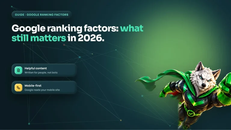 SEO guide cover: Google ranking factors that still matter in 2026, for search and AI Overviews