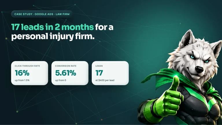 Google Ads case study cover: personal injury law firm got 17 leads in 2 months with CTR up to 16%