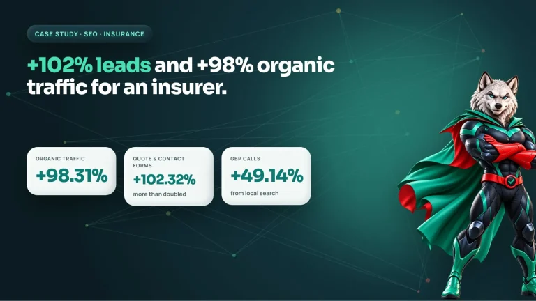 Insurance SEO case study cover showing 98% more organic traffic and 102% more quote form leads