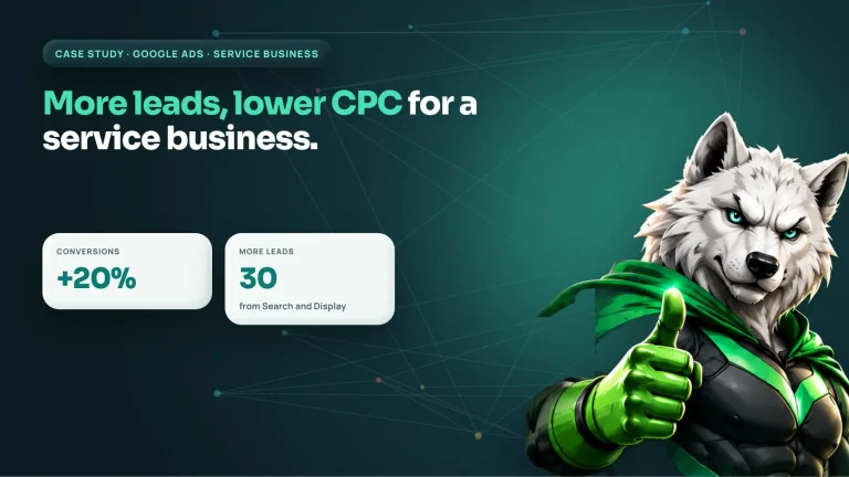Google Ads case study cover: service business gets 20% more conversions and 30 more leads with lower CPC