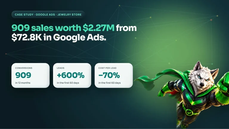 Jewelry store Google Ads case study cover: 909 sales worth $2,272,500 from $72.8K ad spend