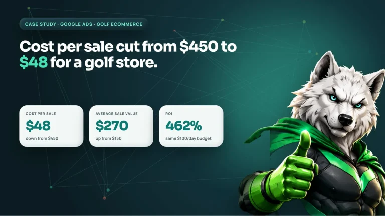 Golf ecommerce Google Ads case study: cost per sale cut from $450 to $48 and 462% ROI on $100 a day