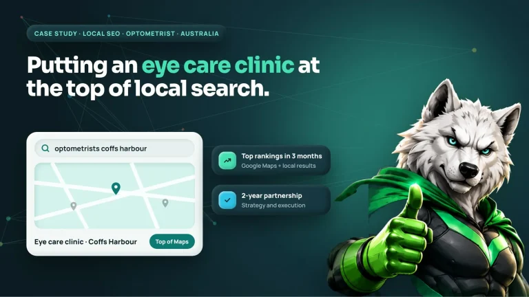 Wolf mascot giving a thumbs up beside a Google Maps result for optometrists in Coffs Harbour, Australia