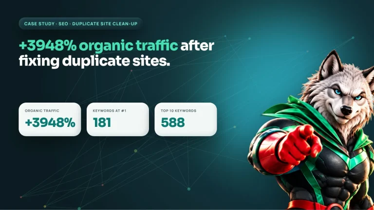 SEO case study cover: duplicate site clean-up grew organic traffic 3948% with 181 keywords at number one