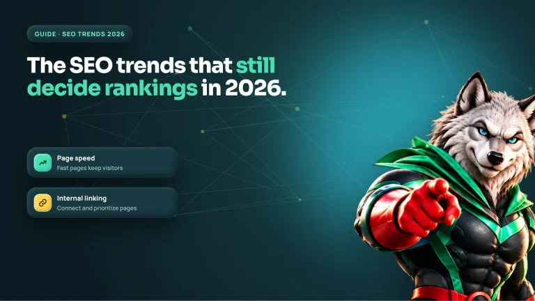 SEO guide cover: the SEO trends that still decide rankings in 2026, including AI search