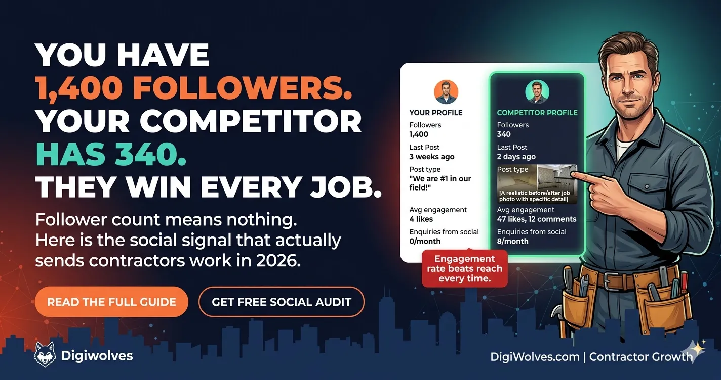 You Have 1,400 Followers. Your Competitor Has 340. They Are Winning Every Job. Here Is the Social Signal That Actually Sends Contractors Work in 2026.